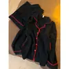 Elegante pijama de gasa de algodón negro para mujer, nuevo estilo primavera y otoño 2025, conjunto casual holgado de algodón puro de manga larga para casa para mujer