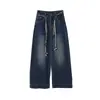Oufan Nuevo Artículo: Pantalones Vaqueros de Cintura Alta Elásticos con Cinturón de Bufanda de Seda Retro para Mujer, Pantalones Rectos Adelgazantes para Otoño 11450