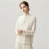 Outono e Inverno Nova Camisa Base de Tricô de Caxemira Moda Macia Confortável Cor Sólida Simples Gola Alta Semi-Aberta Manga Longa Feminina