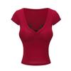 40 Algodón 92 Algodón 8 Spandex Camiseta de Manga Corta con Cuello en V y Costuras de Encaje para Mujer, Ajustada al Cuerpo, Top de Hombro
