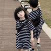 Roupa Infantil Qiaoyu Terno Infantil Verão 2024 Novo Estilo Meninos e Meninas Listrado Manga Curta Shorts Casual Conjunto de Duas Peças
