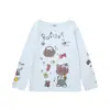 Camiseta de Manga Longa Off-Shoulder Estilo Cartoon Graffiti Americano Hello Kitty para Mulheres, Estilo Fino e Preguiçoso, Caimento Solto, Emagrecedora, Blusa Protetora Solar