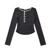 Outono e inverno New Spice Girls Sexy Hems Plissado Curto T-shirt Top Feminino Gola Redonda Fivela Slim-fit Slimming Manga Longa