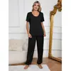 Toma real en stock Estilo europeo y americano de Amazon pijamas cómodos ropa de casa para mujer traje casual de manga corta con pantalones y escote de color liso