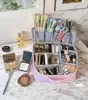 Bolsa de Maquillaje Vertical de Gran Capacidad para Mujer, Se Puede Colgar en una Maleta, con Espejo, Patrón Cruzado de PU, Bolsa de Almacenamiento Impermeable para Mujer