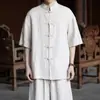 Camisa de Linho Tencel Masculina Manga Curta Verão Estilo Fino Estilo Chinês Roupa Tang Tamanho Grande Solta Manga de Cinco Pontos Terno Zhongshan Roupa para Cerimônia do Chá