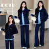 Conjunto de Maternidad: Original Americano Nuevo Estilo Otoño, Suéter de Punto de Cuello Redondo Falso de Dos Piezas para Mujer, Estilo Perezoso Retro Urbano