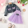 Chaqueta de Mezclilla Lavada Corta para Bebé Niña con Lazo + Vestido Camisola de Malla Morada y Conjunto Dulce de Dos Piezas para Niña