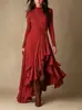 Colección nueva de primavera y otoño para mujer transfronteriza europea y americana 2026: elegante vestido de un solo color, de manga larga, asimétrico, con volantes, de longitud media