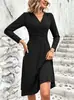 Vestido midi de manga longa plissado cruzado com decote V acinturado, cor sólida, estilo novo, transfronteiriço europeu e americano, para mulheres