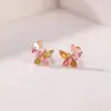 Yuebao Joyería Turmalina de Colores Plata de Ley S925 Chapado en Oro Rosa Mariposa Multifacética Dinámico Temperamento Exquisitos Pendientes de Botón para Mujer