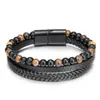 Pulseira Masculina de Corda de Couro Trançada à Mão Tendência Luxo Leve Pedra Olho de Tigre Natural Pedra Vulcânica Liga de Zinco Pulseira Pronta para Venda