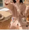Pijama de Fleece Coral para Mulheres, Outono/Inverno Espessado Fofo de Flanela Roupa de Casa, Pode Ser Usado Fora, Conjunto de Cardigan com Mangas Longas e Robe