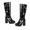 Botas Martin de salto alto 34-45, botas de couro de cano alto com plataforma à prova d'água transfronteiriças, bico redondo, salto quadrado em couro envernizado, botas femininas plus size para outono e inverno