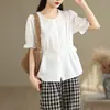 Camisa jacquard texturizada artística para mujer, cuello redondo elegante, encaje, manga media, camisa de algodón, verano