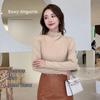 Outono e Inverno veludo bege catiônico gola alta parcial camiseta básica modeladora de corpo peça externa justa camiseta feminina de manga longa