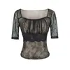 Elegante top fruncido para estilizar la cintura, camiseta de malla de manga media para mujer, camisa fina de encaje suave de verano, moderna