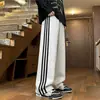 Calça casual masculina com três listras, novo estilo primavera/outono, streetwear americano, calça longa reta solta moderna e confortável
