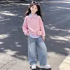 Estilo Coreano Versátil Moderno Bloque de Color Rayas Patchwork Cuello Polo Falso Dos Piezas Top Conjunto de Pantalones Vaqueros Estilo Coreano