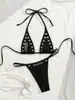 2026 nuevo ins nicho francés europeo y americano sexy anillo de metal deseo puro cuello halter chica retro traje de baño bikini