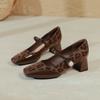 Zapatos Mary Jane estilo francés, tacón grueso, tacones altos rojos, novedad 2025, punta cuadrada, talla grande, estampado de leopardo, tacón alto retro, zapatos individuales