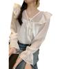 Foto Real Estilo Coreano Suave Solto Cadarço Camisa Top Feminino Design Decote V Retrô Manga Longa Camisa Primavera 47453