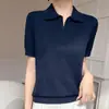 Polo de Lana Fina con Cuello de Pico, Tejido de Manga Corta, Verano, Estilo Nuevo, Solapa, Media Cremallera, Top Holgado de Color Sólido, Manga Corta para Mujer