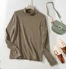 Nova blusa interna de gola semi-alta para mulheres, estilo primavera e outono, camisa básica de cor sólida slim fit, camiseta de manga longa canelada de alta elasticidade