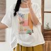 Camiseta Casual Versátil con Cordón Lateral Adelgazante Verano Nuevo Estilo Doble Capa Gasa de Algodón Estampada Manga Corta Top de Moda
