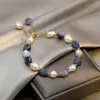 Pulsera de Cristal de Perla de Agua Dulce y Jade Dongling Azul Estilo Coreano para Mujer Moda Simple Elegante Personalizada Pulsera de Celebridad Cibernética