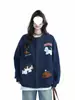 Jaqueta com Bordado de Animal de Desenho Animado em Toalha Azul Marinho para Mulheres, Novo Estilo de Primavera, Jaqueta Solta Estilo Japonês, Cinza da Moda