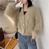 Outono e Inverno novo design estilo western pele sintética de vison gola V cardigã de tricô casaco feminino suéter solto modelador peça externa