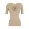 Top de encaje patchwork de manga corta estilo maduro para primavera y verano 2026, cuello en V profundo, camiseta sexy, camiseta base que estiliza la cintura