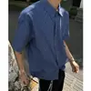 Camisa a cuadros azul con cordón para hombre, camisa casual de manga corta para el verano 2025, camisa retro japonesa de corte holgado