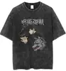 Tamanho Europeu Transfronteiriço Camiseta Masculina de Manga Curta Lavada Vintage Desenho Animado Anime Estilo Dark High Street Europeu e Americano Camiseta Curta Masculina