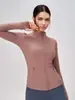 Jaqueta de yoga estilo Lulu para mulheres, gola alta, corte justo, manga longa, top esportivo com zíper e costas em malha respirável para fitness