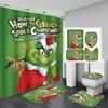 Juego de cortina de ducha impermeable con temática de Grinch, incluye cuatro piezas: cortina de ducha de poliéster, juego de baño impermeable y resistente al moho, y alfombrilla de baño