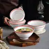 En stock tazón grande de cerámica cono retro tazón borde rojo tazón para fideos tamaño grande comercial tazón de cerámica estilo antiguo tazón para verduras tazón para sopa engrosado