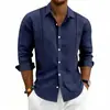 Camisa Masculina de Linho Respirável Amazon para Primavera e Outono com Design Vintage de Recorte Lateral, Gola Reversível, Manga Longa, Top Casual
