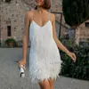 Vestido de Noche Transfronterizo para Mujer Europeo y Americano con Borlas, Plumas y Perlas, Sexy de Cuello en V con Tirantes