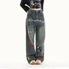 Versátil novo simples temperamento preguiçoso bordado de desenho animado jeans de ganga lavado à moda Harajuku ins artístico
