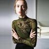 Top de Renda Flocked Floral Estilo Chinês, Elegante Retrô, Camisa Levemente Transparente, Nova Camisa de Base Versátil Estilo Ocidental para Outono