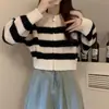 2026 Cárdigan de Punto Rayado Corto con Cremallera para Mujer Primavera Otoño Holgado Calado Tejido Grueso Suéter Petite Cintura Alta Ropa Exterior