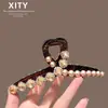 Pinza de Tiburón Grande Clásica y Elegante de Perlas y Pedrería Color Champán, Moderna y Versátil para Cabello Grueso, Pinza para el Cabello de Cobertura Total