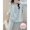 Pijama Estilo Princesa para Mujer, Primavera y Otoño, con Almohadillas Integradas en el Sujetador, Dulce, Delgado, Encaje de Algodón Nube, Manga Larga, Conjunto de Ropa de Casa Femenino