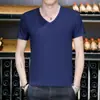 Camiseta de Modal para hombre de manga corta con cuello en V estilo coreano camiseta de verano sin cuello de manga corta de algodón mercerizado helado de color liso