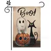 Nueva Bandera de Jardín de Poliéster Impreso de Doble Cara con Patrón de Calabaza de Halloween, Gato y Bruja, Bandera de Decoración para Patio Exterior