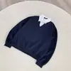 Sudadera de punto coreana de dos piezas falsas con cuello de camisa a rayas, otoño, corte boxy, corta, ancha, estilo preppy