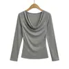 2564-25 Novo Estilo de Inverno Estilo Europeu e Americano Sexy Gola Pura Desejo Manga Longa Plissado Slim Camisa de Base Top Camiseta