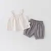 Conjunto de Dos Piezas con Pantalón de Tirantes Floral Fresco para Bebé Niña Estilo Coreano, Algodón Puro, Atuendo Ligero de Verano para Bebés y Niños Pequeños, Clase A